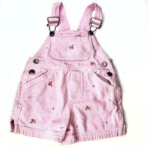 Vintage KRU Supplies Bib Overalls Baby Girls 12M Pink Gingham Floral Embroidered